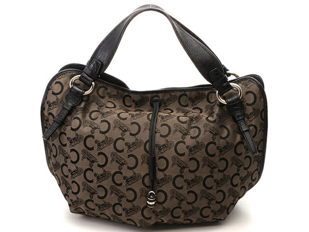 Celine Tote Bag C Sulky Carriage Black Brown Canvas Embossed Leather